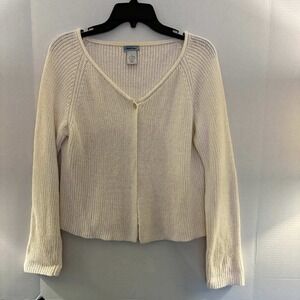 Airport Cardigan Sweater Womens L Cream Ramie V-Neck Single Button Vintage Boho